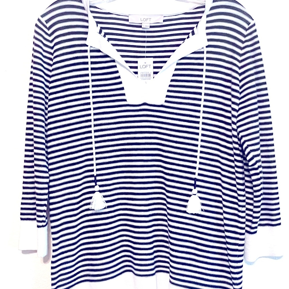 NWT - Loft Navy Blue Striped Top w/Tassels - Size Small
